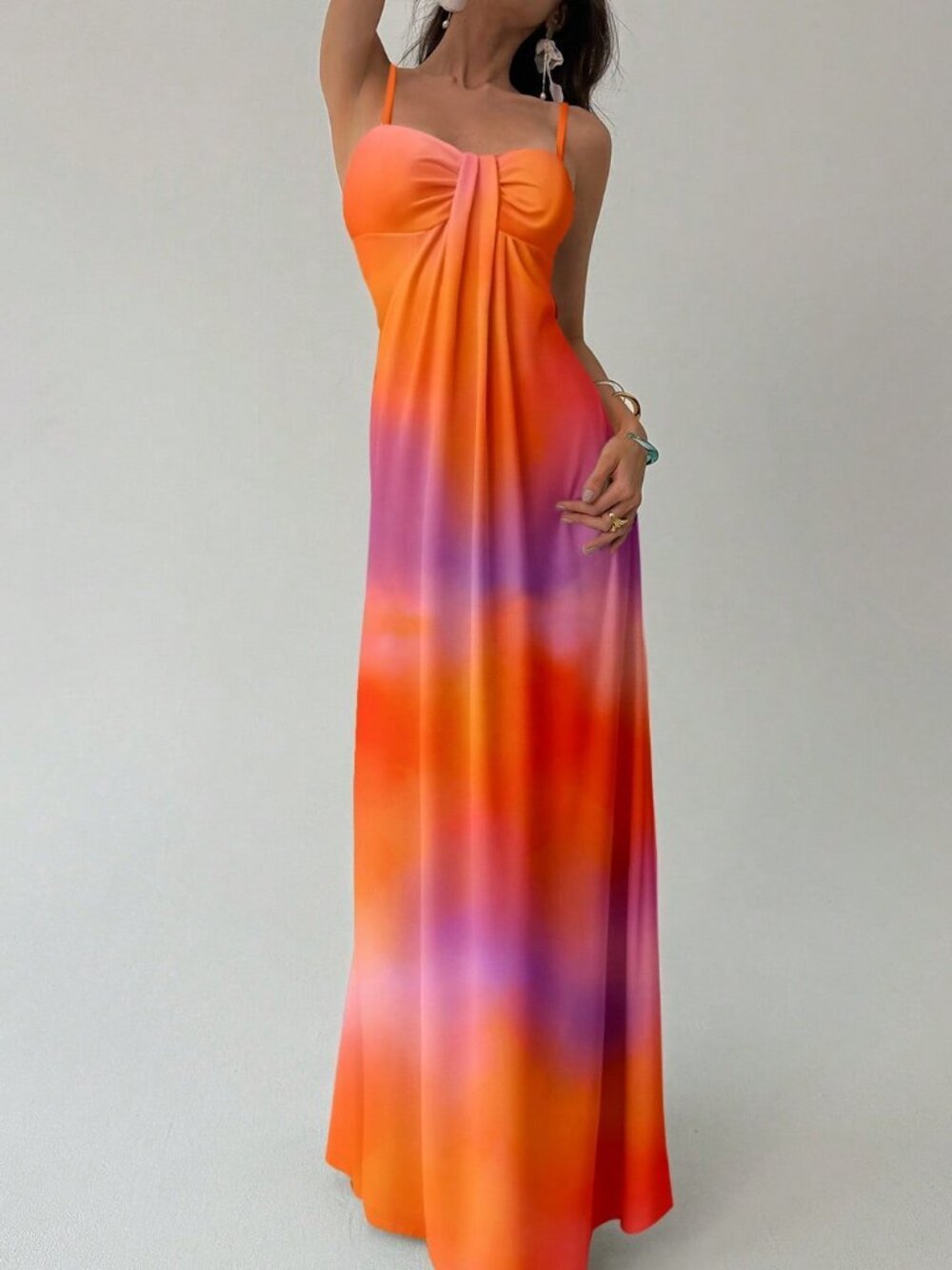 Orange Boho Women's Elegant Tie-Dye Print Slip Dress - Picture 9 of 9
